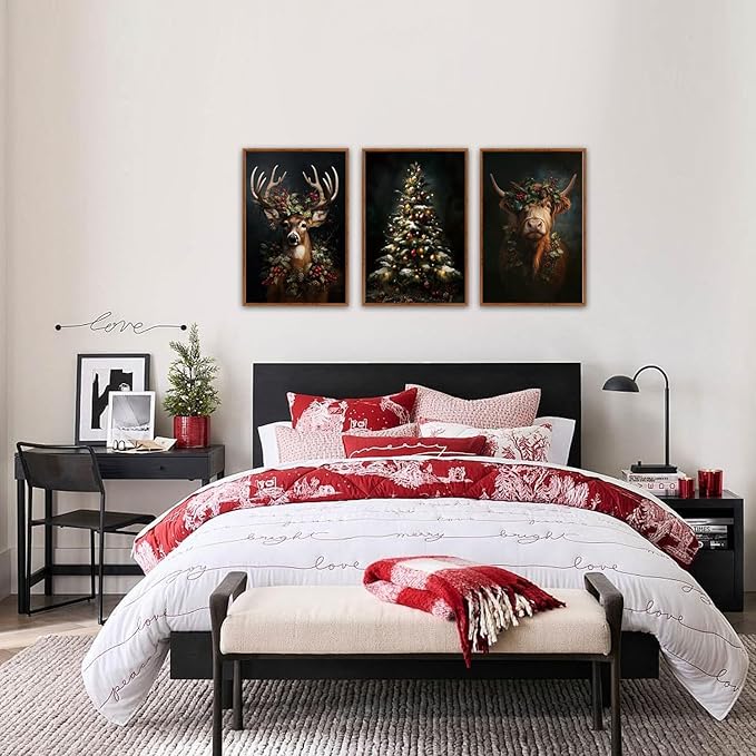 HLNIUC Dark Christmas Framed Wall Art Set,Vintage Christmas Highland Cow Canvas Wall Decorations,Modern Xmas Tree Reindeer Painting,Festive Winter Canvas Art Print for Living Room Office-16 x24 x3