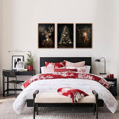 HLNIUC Dark Christmas Framed Wall Art Set,Vintage Christmas Highland Cow Canvas Wall Decorations,Modern Xmas Tree Reindeer Painting,Festive Winter Canvas Art Print for Living Room Office-16 x24 x3