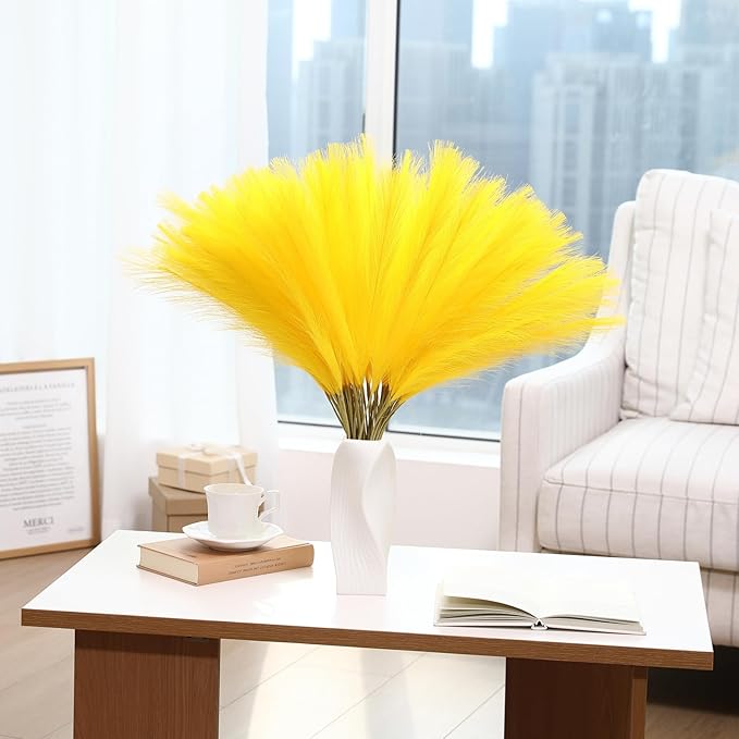 Faux Yellow Pampas Grass - 30pcs 24 Inch Short Artificial Pampas Grass Decor, Fake Pompas Floral for Vase Filler, Wedding Flower Arrangement, Party and Home Decor (Yellow, 30 Pieces)