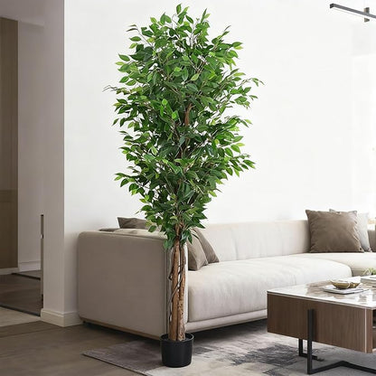 7ft Decorative Fake Ficus Tree Indoor, Artificial Trees Indoor for Home Decor, Potted Faux Tree Plant with Realistic Silk Leaves, Natural Triple Wood Trunk for Outdoor, Office