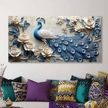 Navy Blue Peacock Wall Art for Living Room Office Elegant Animal Peacock and Roses Painting Prints Vintage Canvas Artwork Girls Bedroom Décor Ready to Hang (30x60 Inches)