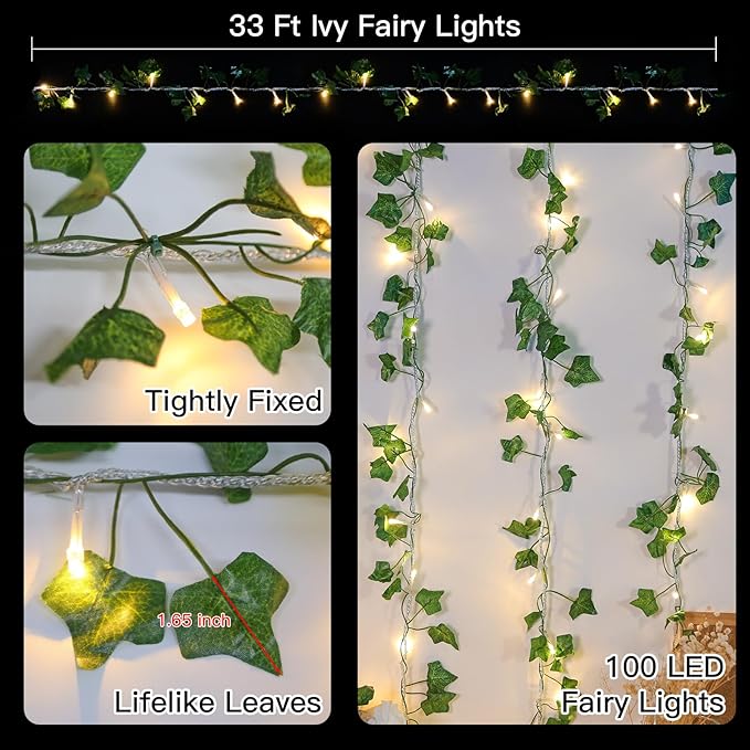 suddus Vine with Fairy Lights Plug in, 33ft 100 LED Ivy String Lights Connectable with Remote, Leaf Light for Bedroom, Room, Wall, Garden, Party, Wedding Dorm Decor (Warm White)