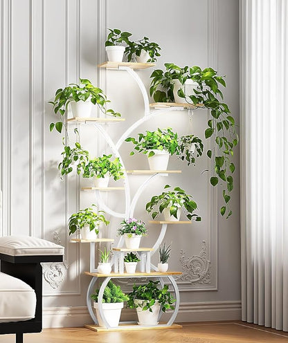 VINGLI 61" Tall White Plant Stand with Grow Light, 10-Tier LED Lighted Plant Shelf, Indoor Plant Rack with Full-Spectrum Grow Lights, Tree-Shaped Metal Plant Stand for Living Room, Balcony