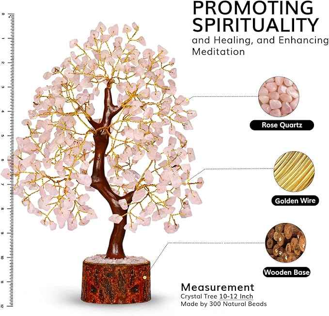 NARIBABU Rose Quartz Crystal Tree – 10-12 Inch Gemstone Tree with Golden Wire & Wooden Base – Healing Crystals Decor, Gifts for Her, Birthday Gift for Women, Spiritual Energy