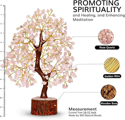 NARIBABU Rose Quartz Crystal Tree – 10-12 Inch Gemstone Tree with Golden Wire & Wooden Base – Healing Crystals Decor, Gifts for Her, Birthday Gift for Women, Spiritual Energy