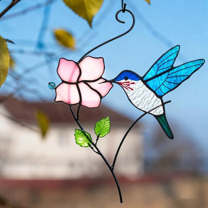 Stained Glass Window Hanging, Handcrafted Hummingbird with Flower Stained Glass Suncatcher for Home Indoor Window Art Decor,Hummingbird Gifts for Women,Mom,Bird Lovers