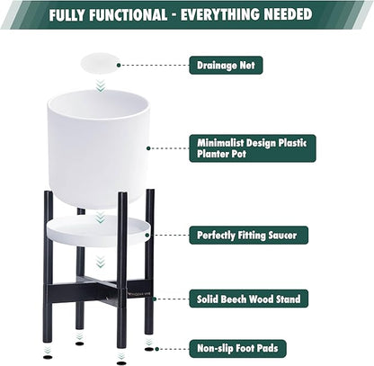 D'vine Dev Planter Pot with Stand - 10 Inch Plastic Cylinder Flower Pot with Wood Planter Holder for Indoor, Matte White Pot + Ebony Stand, 55-C-N-1