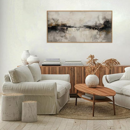 HOURIA Large Abstract Neutral Beige & Black Framed Canvas Wall Art Set,Modern Minimalist Brown Wall Decor,Textured Gray Tan Illustrations Artwork for Living Room, Bedroom, Farmhouse- 40"x20"x1
