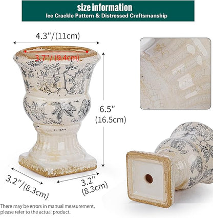 Sungmor Small Ceramic Urn Planter - Grey Scroll Floral Pedestal Flower Pot, Decorative Vintage Chinoiserie Style Planters, Tuscan Accent Vase Indoor Outdoor Plant Holder with Drainage