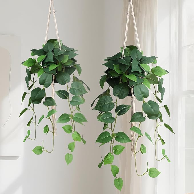 alyptus Fake Hanging Pothos – Realistic Pothos Plant for Indoor & Outdoor Decor, Lush Faux Hanging Plants with Vines for Shelves, Counters, Home & Office Greenery - Green