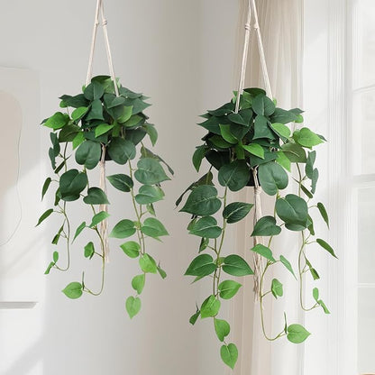 alyptus Fake Hanging Pothos – Realistic Pothos Plant for Indoor & Outdoor Decor, Lush Faux Hanging Plants with Vines for Shelves, Counters, Home & Office Greenery - Green