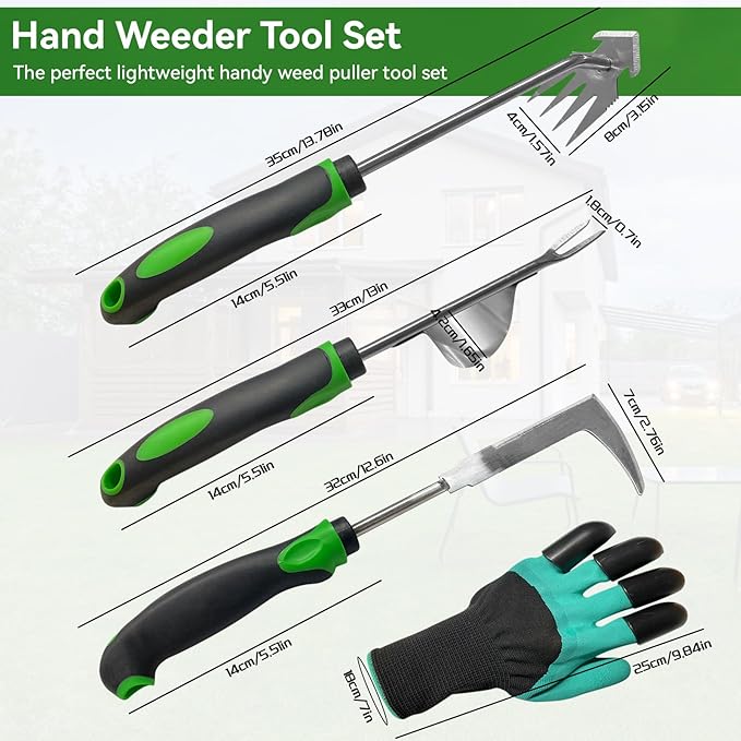 Stand Up Hand Weeding Tool Set, Heavy Duty Stainless Steel Weed Puller for Lawn & Garden with 4-Claw Digger, Crack Weeder and Ergonomic Rubber Handle Manual（3 Pcs）