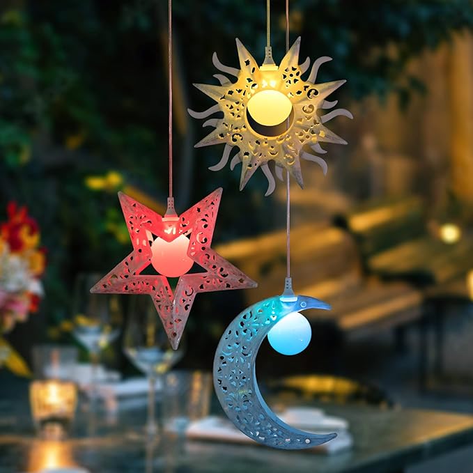 Tryme Solar Wind Chimes with Sun Moon Star Color Changing Windchimes, Outdoor Hanging Lights, Garden Decor Gifts for Mom, Grandma, Wife, Neighbors