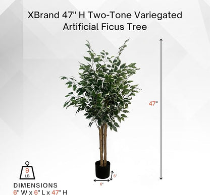 XBrand 47.2-Inches Two-Tone Variegated Artificial Ficus Tree in Pot for Indoor Outdoor Home Office Store, Great Housewarming Gift