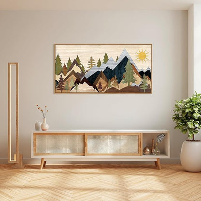 Mountain Pine Tree Framed Canvas Wall Art Set, Nature Wilderness Illustration Wall Decor, Woodcut Forest Wall Painting, Mid Century Modern Art Print for Living Room Bedroom Office 20"x40"