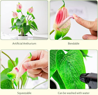 Folmywy Artificial Flower 15 Inch Anthurium Fake Plant Indoor Faux Simulation Tropical Flowers Pink in Plastic Pot Realistic Bonsai Greenery Table Centerpieces Shelf Decor Outdoor Garden