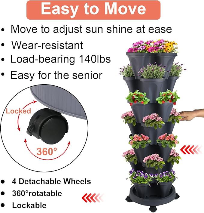 GameXcel Vertical Planter 7 Tier Stackable Planters Garden Planters Strawberry Herb Flower and Vegetable Planter Indoor Outdoor Gardening Pots with Removable Wheels and Tools