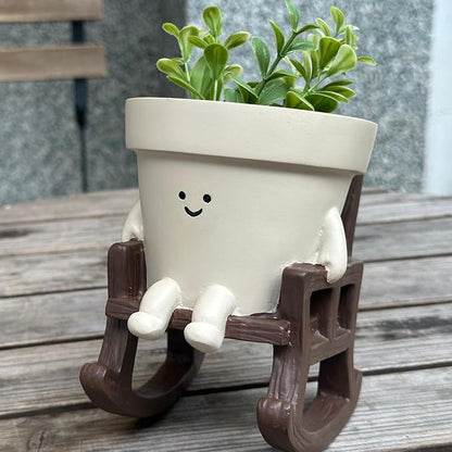 Cute Plant Pots Large Smily Face Planter Pot Resin Flower Head Planters for Indoor Outdoor Plants Unique Sit Rocking Chair Succulent Pot with Drainage Hole Best Gift for Mother and Plant Lovers