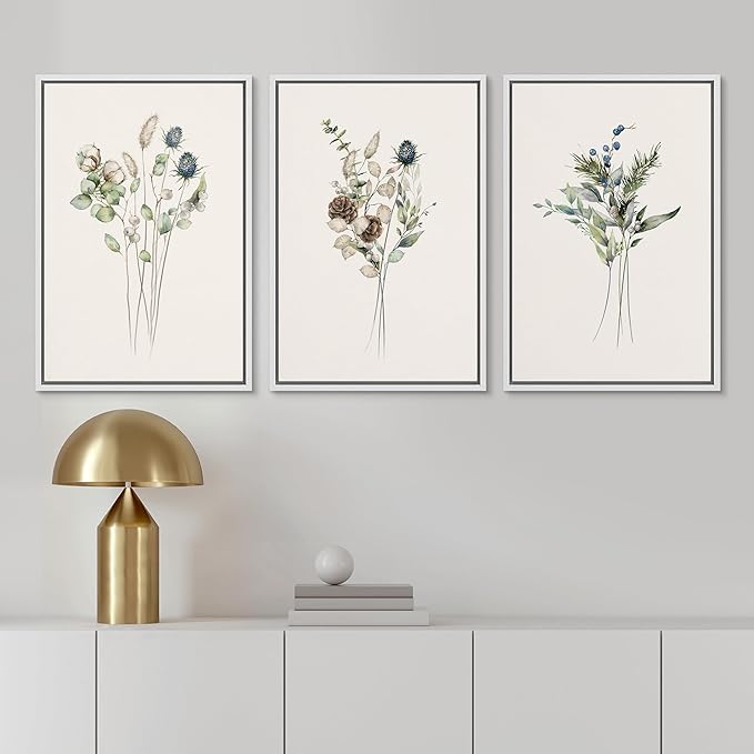 Ashbrook Framed Canvas Print Wall Art Set Wildflower Bouquet Nature Wilderness Illustrations Modern Art Decorative Floral Botanical Minimal Calm/Relax/Cozy for Bedroom - 16"x24"x3 WHITE