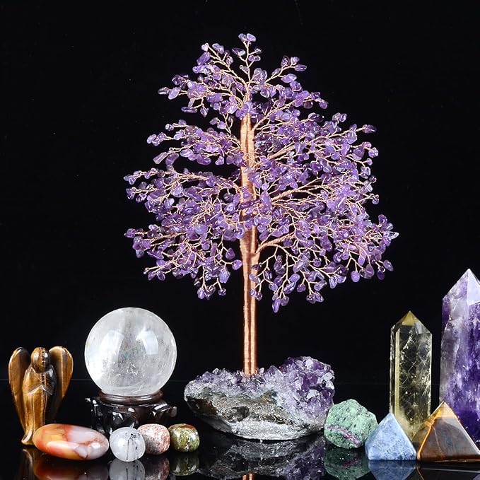 Gemstone Crystal Tree of Life - Natural Amethyst Geode Cluster Base, Chakra Healing Crystals, Positive Energy Bonsai Money Feng Shui Home Decor for Good Luck Gift, 10"-12"