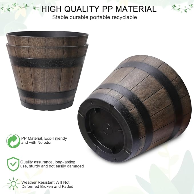 Large Plant Pots, 20 Inch 2 Pack Plastic Whiskey Barrel Planters, Big Flower Pots Wine Barrel Design for Outdoor Indoor, Garden, Porch, Patio, Backyard