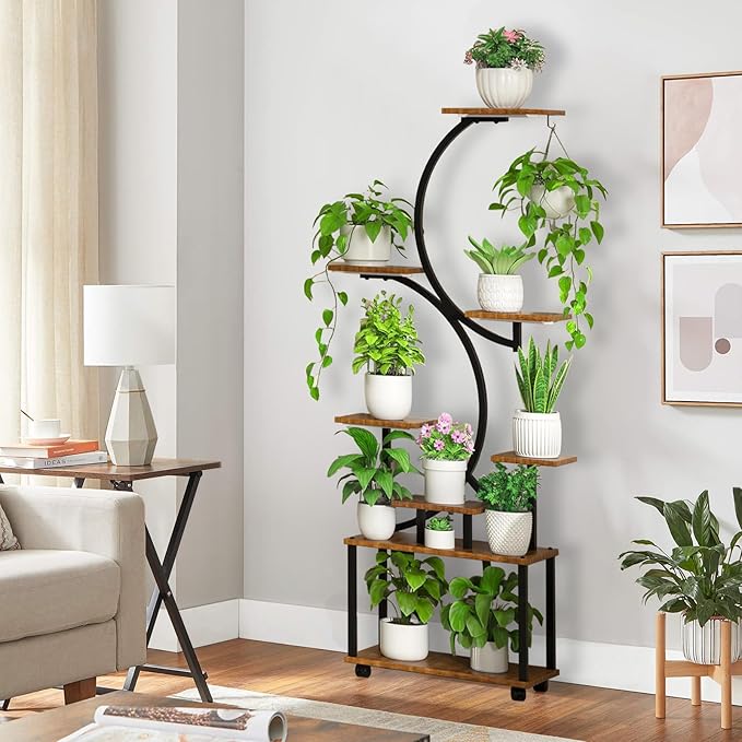 Plant Stand with Grow Light and Wheels, 8-Tiered Tall Plant Stands for Indoor Plants Multiple, Metal Plant Shelf Display Rack Holder, Flower Stand for Indoor Plants, Living Room, Garden, Patio (M)