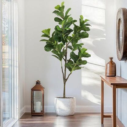 6.23ft Ficus Artificial Fiddle Leaf Tree, Lifelike Faux Lyrata Trees, Green Lush Fake Fig Tree Floor Tall Plants for Office Home Living Room Indoor Outdoor Modern Decor, Perfect Housewarming Gift