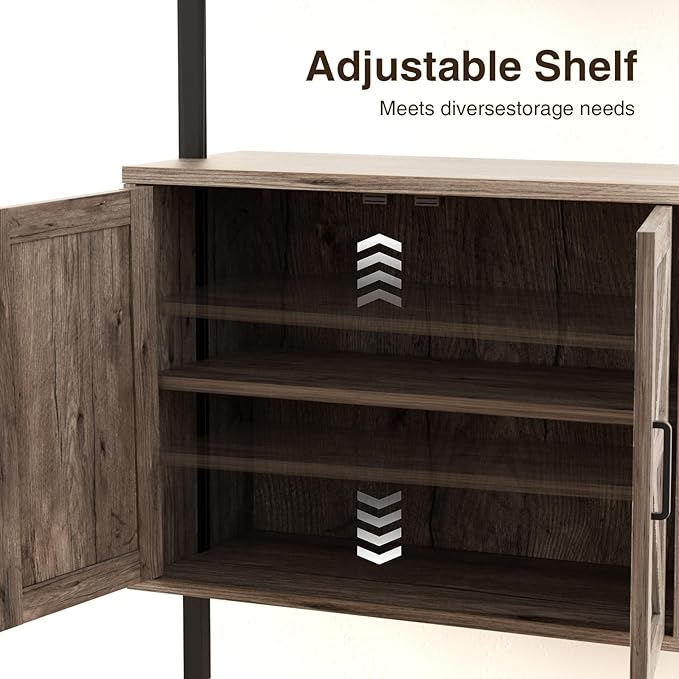 Ladder Bookshelf with Cabinet, 6 Tier Industrial Wall Mount Ladder Bookcase with Farmhouse Cabinet, Tall Narrow Open Ladder Shelf with Metal Frame for Living Room, Bathroom, Home Office, Rustic Grey