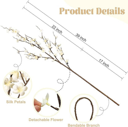 4Pcs Cherry Blossom Branches Artificial Flowers for Spring Summer Indoor Decoration,Faux Long Stem Artificial Flowers for Wedding Home Office Bedroom Party Table Centerpieces Decor(White)