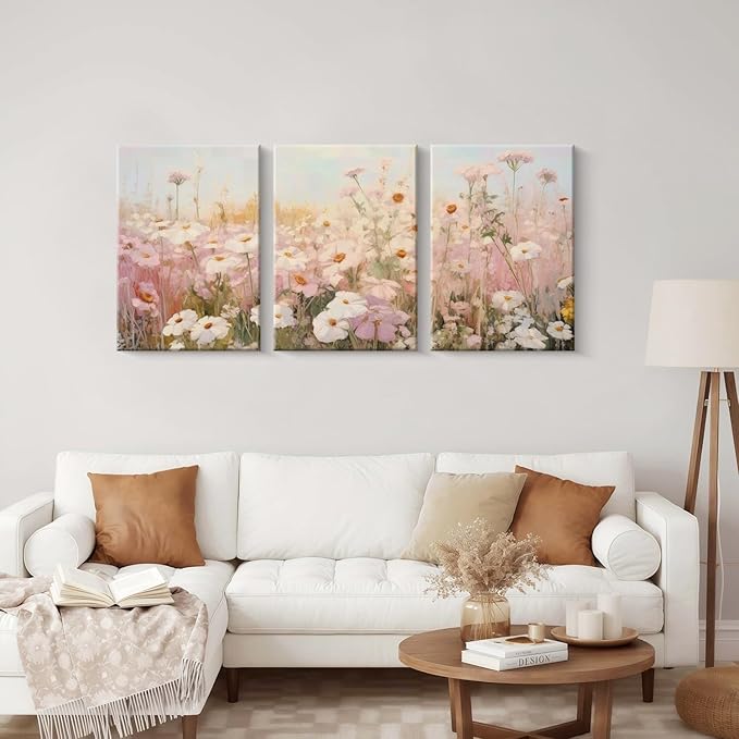 Framed Pink Wildflowers Canvas Wall Art Colorful Floral Poster Picture Vintage Country Painting Nature Landscape Modern Home Print Living Room Gallery Office Ready to Hang 16x24 Inch x3