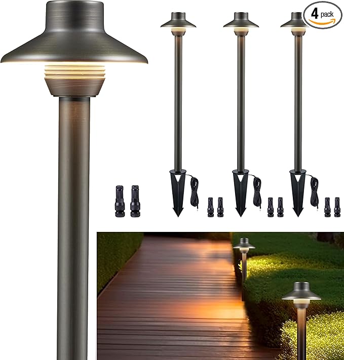 Gardenreet Low Voltage Pathway Lights Brass, LED Landscape Path Lights, Yard Lights Outdoor Waterproof IP65, 12V Wired Mini Shade Bronze for Garden Walkway Without G4 Bulb 4 Pack