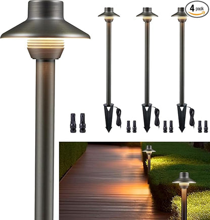Gardenreet Low Voltage Pathway Lights Brass, LED Landscape Path Lights, Yard Lights Outdoor Waterproof IP65, 12V Wired Mini Shade Bronze for Garden Walkway Without G4 Bulb 4 Pack