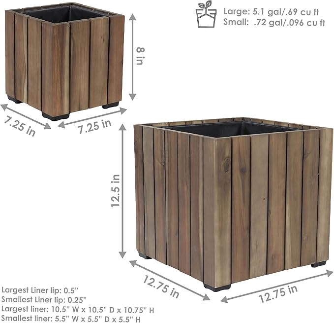 Sunnydaze Indoor/Outdoor Wooden Planter Boxes - 2 Acacia Wood Square Plant Pots with Plastic Liners - Anthracite Stain