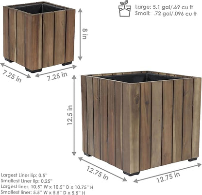 Sunnydaze Indoor/Outdoor Wooden Planter Boxes - 2 Acacia Wood Square Plant Pots with Plastic Liners - Anthracite Stain