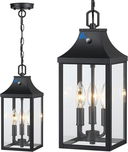 15'' Large Outdoor Pendant Light Fixtures 3-Light, Dusk to Dawn Exterior Hanging Lantern Porch Light Adjustable, Black Hanging Lamp Farmhouse Exterior Chandelier Ceiling Mount for Patio, 1Pack