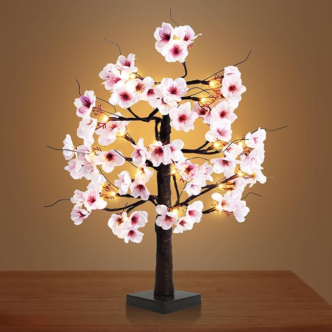 Uieke 2PACK 24IN Lighted Cherry Blossom Tree 48 Warm White LED Tabletop Artifical Bonsai Tree with Timer Battery/USB Operated for Wedding Party Spring Home Indoor Japanese Room Decor