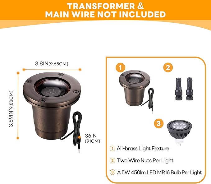 Gardenreet Brass In Ground Well Light - Ip67 Low Voltage Outdoor Light, 12V LED Landscape Lighting, Antique Bronze for Walkway Garden Lawn with 2700K Warm White MR16 Bulb (4 Pack)