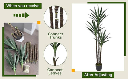 Artificial Agave Tree 5.2FT with 45 Leaves & 3 Trunks & Elegant Black Pot Lifelike Tall Large Fake Faux Modern Tree 62 Inch for Indoor Home Office Porch Store Corner Decor Housewarming Gift