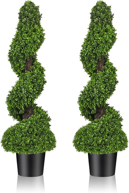 Artificial Boxwood Topiary Trees for Outdoor Front Door, Porch, Garden - 3 ft Tall Spiral Faux Shrubs Plants with Ceramic Planters, Fake Tree Potted for Indoor Home Office Decor, Set of 2