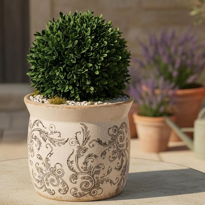 Rustic Ceramic Pots for Plants, 6.21in. Vintage Crackle Glazed Planters for Indoor & Outdoor Plants with Drainage Hole, Unique Planting Pots for Gardening, Tuscan Decor Plant Pots Indoor, Scroll Gray