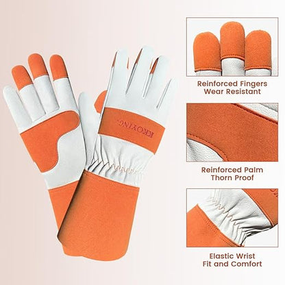 Gardening Gloves, Long Thorn Proof Garden Gloves for Women and Men, Goatskin Breathable Leather Work Gloves for Gardening, Pruning, Yard Work, Brown, L