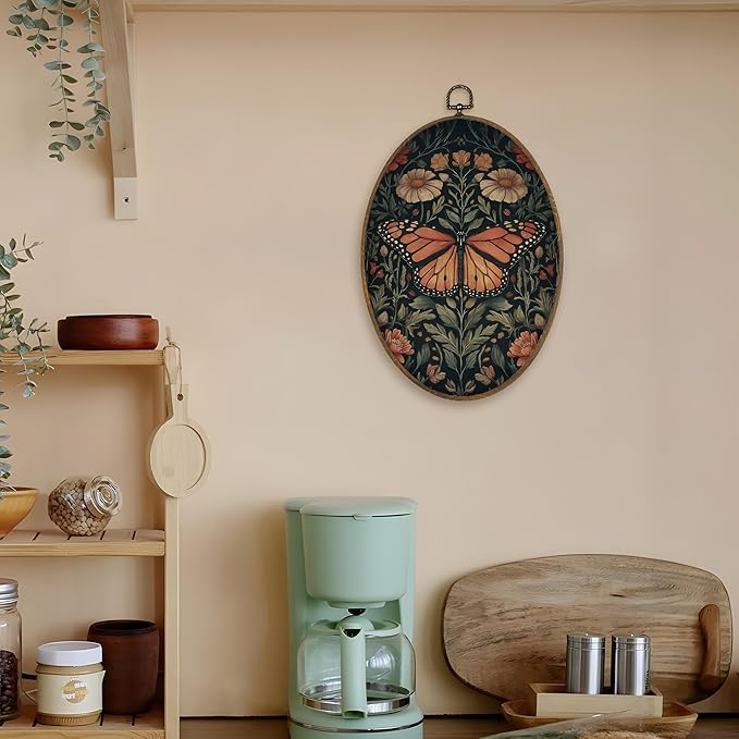 LKETW Vintage Floral Butterfly Dragonfly Oval Wall Art Decor, Dark Cottagecore Oval Canvas Hanging Decor, Rustic Wildflower Insect Wall Decorations for Home Living Room Bedroom, 8.6x11.4 Inch Set of 2