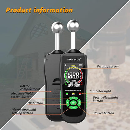 RDINSCOS Ball Probe Moisture Meter Non-Invasive Digital Moisture Detector with 40 mm Depth, Flashlight, LCD Display