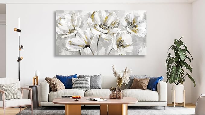 arteWOODS Flowers Canvas Wall Art - Gray White Flowers with Yellow Accents Pictures Wall Decor Botanical Painting Artwork Elegant Floral Prints Home Decor Living Room Bedroom Ready to Hang 40 x 20in