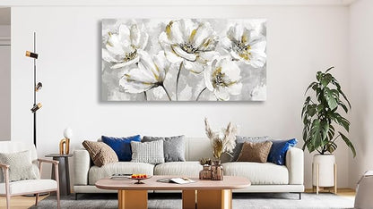 arteWOODS Flowers Canvas Wall Art - Gray White Flowers with Yellow Accents Pictures Wall Decor Botanical Painting Artwork Elegant Floral Prints Home Decor Living Room Bedroom Ready to Hang 40 x 20in