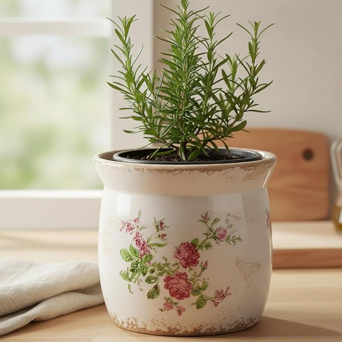 Rustic Ceramic Pots for Plants, 6.21in. Vintage Crackle Glazed Planters for Indoor & Outdoor Plants with Drainage Hole, Unique Planting Pots for Gardening, Tuscan Decor Plant Pots Indoor, Floral