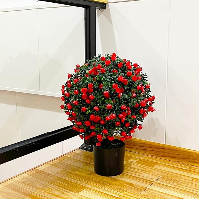 Sunnyglade 21.6” Tall Artificial Rose Topiary Ball Tree Set of 2 Pack Potted Bushes UV Resistant Potted Plants for Indoor Outdoor Home Garden(Red)