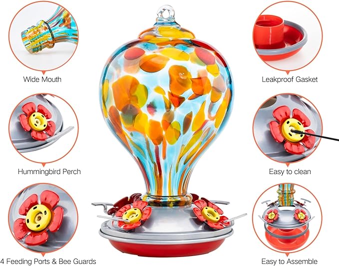 Muse Garden Hummingbird Feeders Blown Glass Hummingbird Feeder, Garden Backyard Decor for Outside, 32OZ, Hawaii Beach