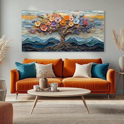 Floral Flower Tree Canvas Wall Art Colorful Tree of Life Painting Prints for Living Room Colorful Abstract Blooming Tree Flower Pictures Wall Décor Bedroom Farmhouse Home Decor Ready to Hang (30x60 Inches)