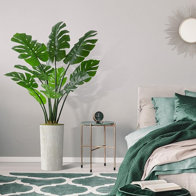 Artificial Tree in Modern Swirl Pattern Planter, Fake Monstera Silk Tree for Indoor and Outdoor Home Decoration - 65" Overall Tall (Plant Pot Plus Tree)